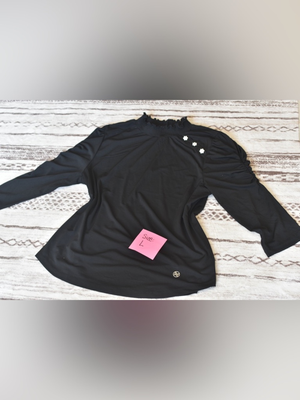 Adrienne Vittadini Black Ruffle Mock Neck Top with Floral Accent Buttons